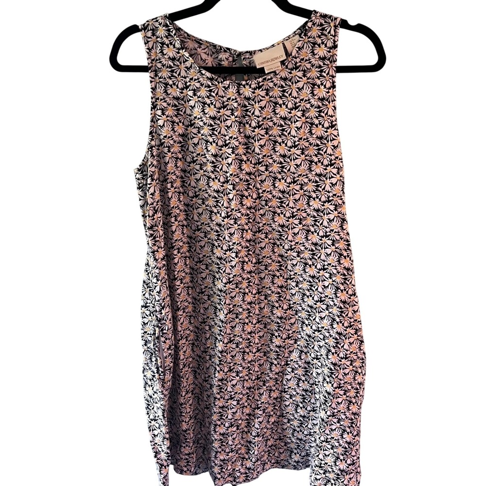 Cynthia Rowley Womens Medium Linen Shift Dress Black White Yellow Flower Summer